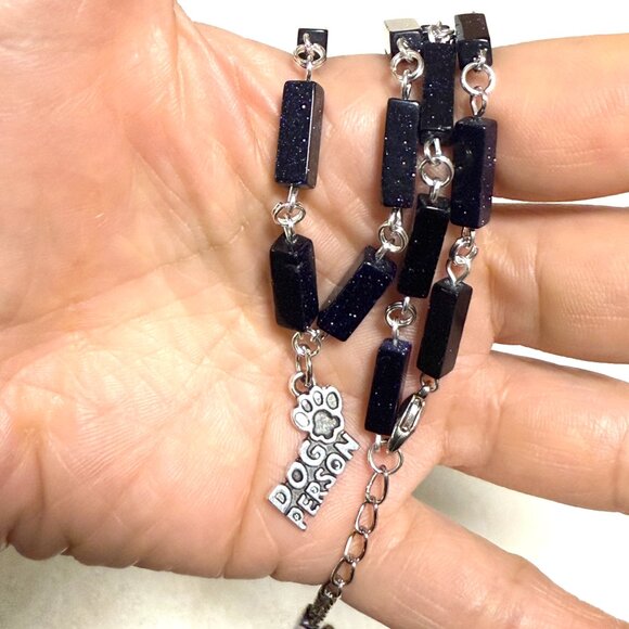 Dark Blue Goldstone Short Necklace w/ Silver Dog Person Paw Print Charm - Picture 14 of 14